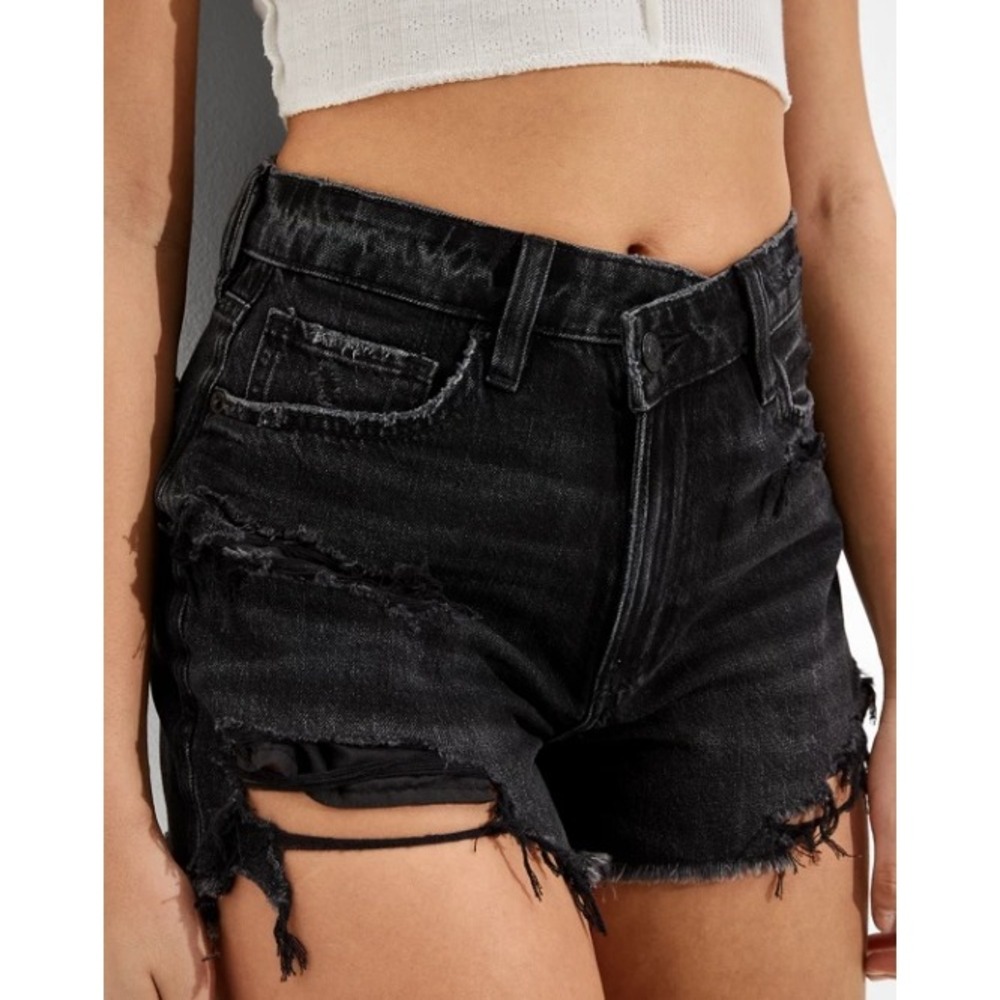 AMERICAN EAGLE Crossover Waist Mom Shorts Distressed Cut Off Denim Black Sz 000